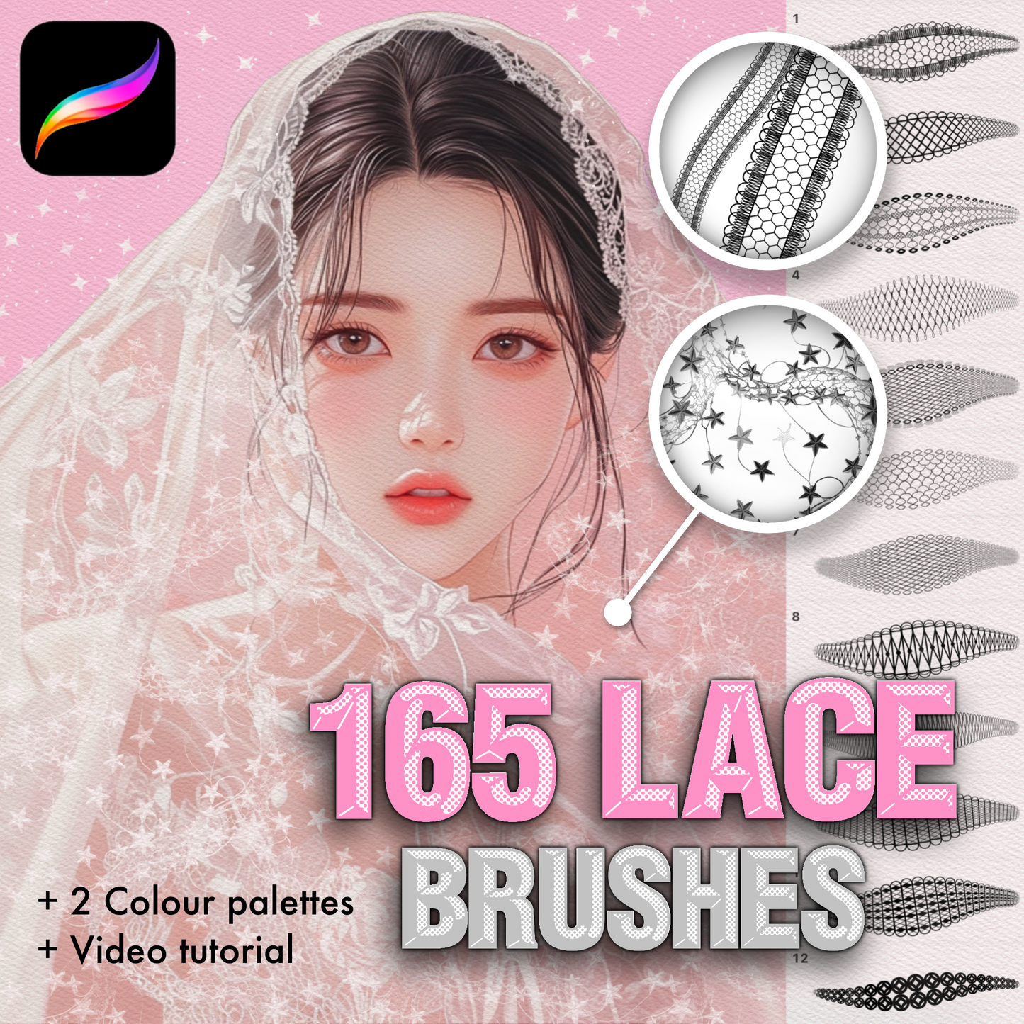 Procreate 레이스 & 텍스타일 브러시 – Procreate 및 Photoshop용 패션 및 패브릭 질감 세트