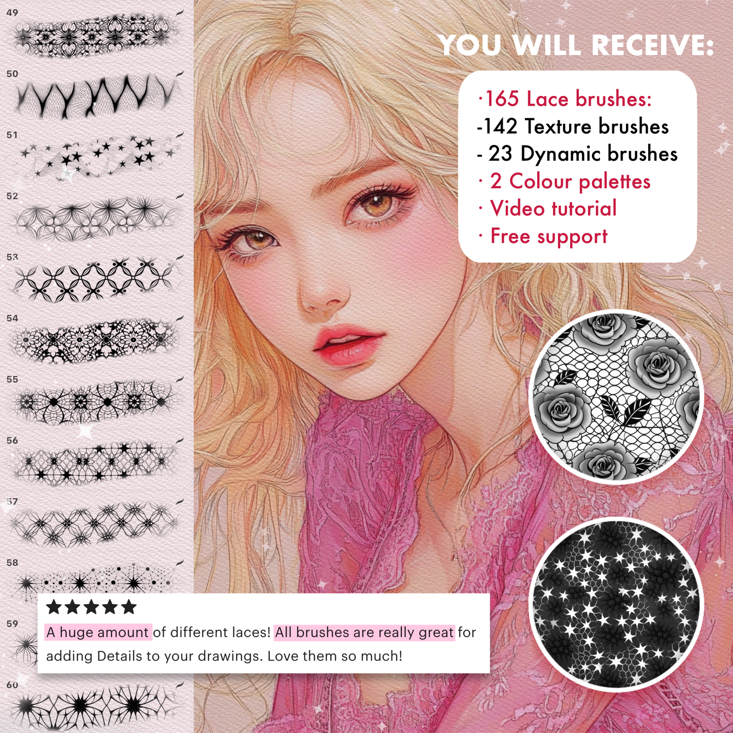 Procreate 레이스 & 텍스타일 브러시 – Procreate 및 Photoshop용 패션 및 패브릭 질감 세트