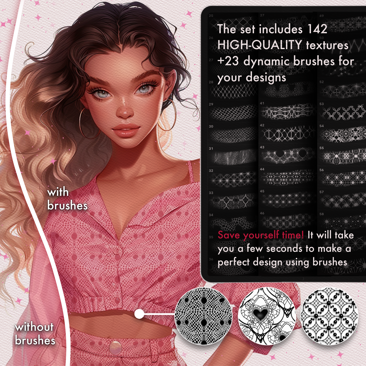Procreate 레이스 & 텍스타일 브러시 – Procreate 및 Photoshop용 패션 및 패브릭 질감 세트