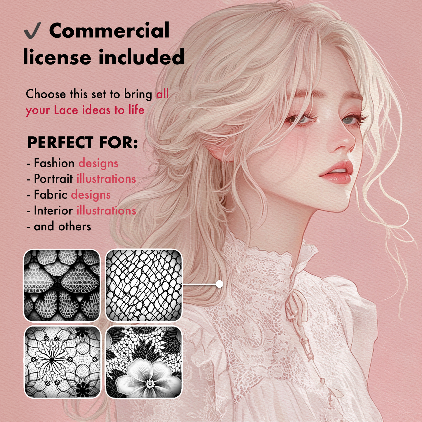 Procreate 레이스 & 텍스타일 브러시 – Procreate 및 Photoshop용 패션 및 패브릭 질감 세트