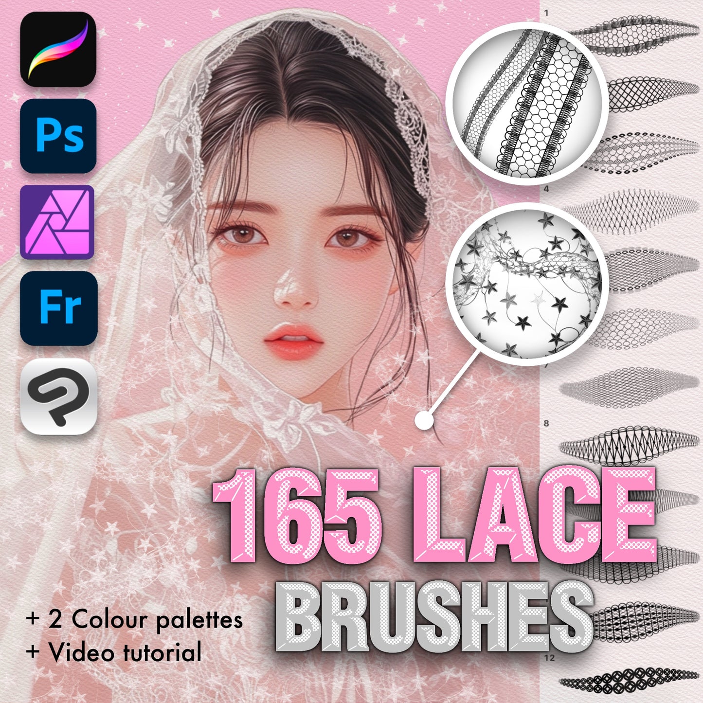 Procreate 레이스 & 텍스타일 브러시 – Procreate 및 Photoshop용 패션 및 패브릭 질감 세트