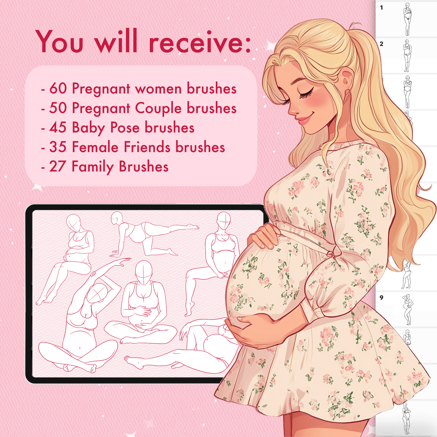 215+ Maternity & Family Pose Brushes – Pregnant Women, Baby, Couple, Procreate, Photoshop