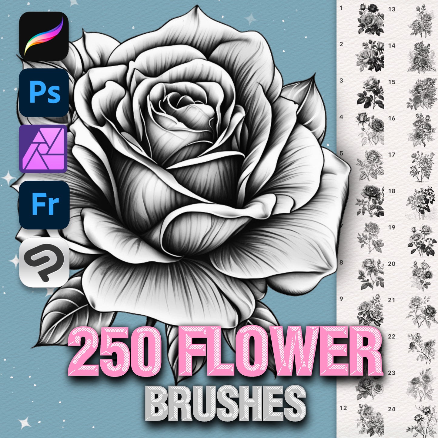 250 Flower Tattoo Brushes for Procreate & Photoshop – Roses, Peonies & More