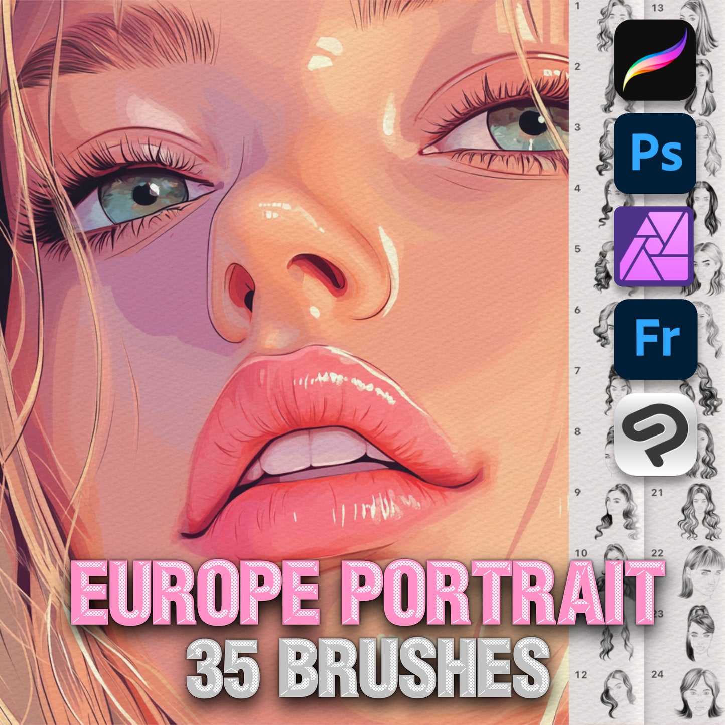 35 Female Face & Portrait Brushes for Procreate & Photoshop – Makeup & Guides