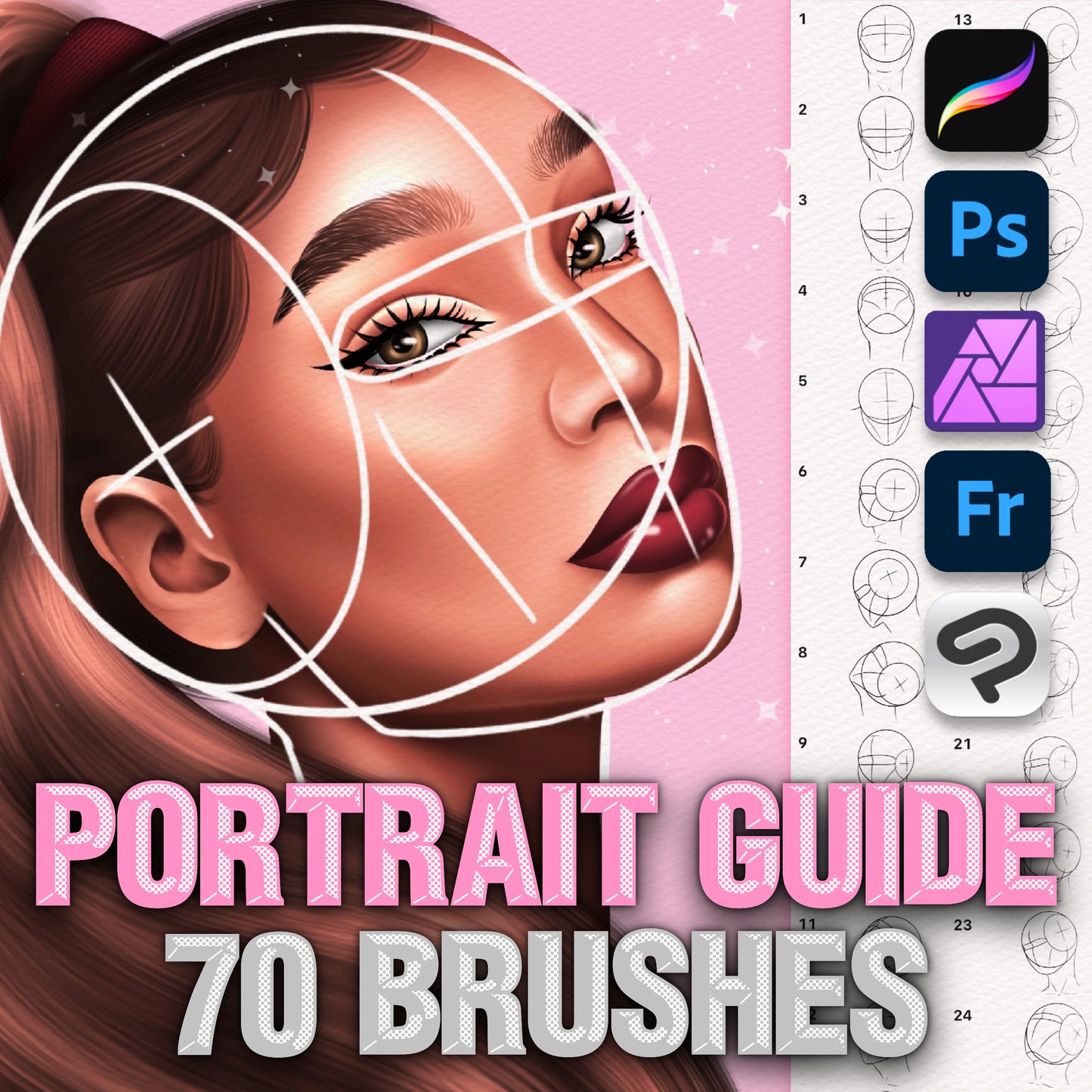 Procreate 및 Photoshop용 여성 초상화 및 얼굴 가이드 브러시 70개 - 머리 비율 세트
