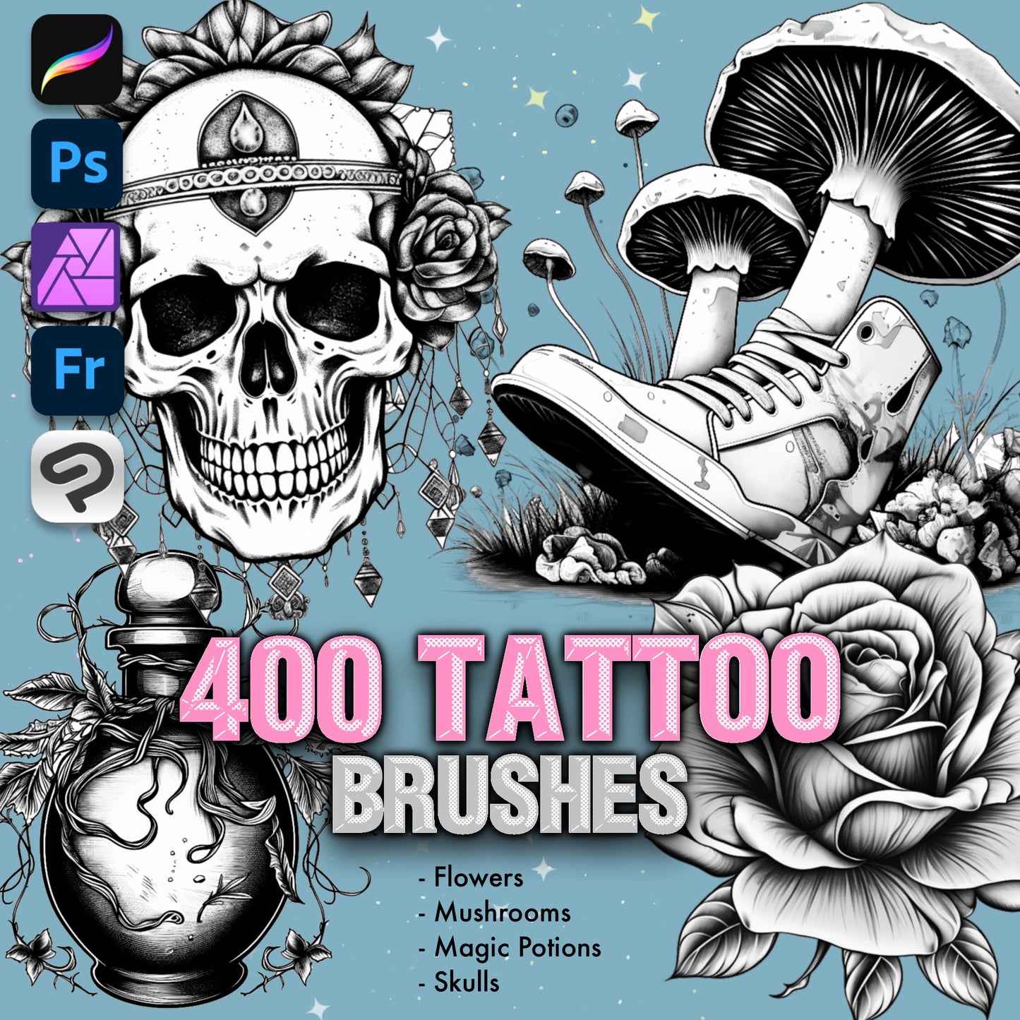Procreate 및 Photoshop용 400개의 사실적인 문신 브러시 - 해골, 꽃, 버섯, 물약