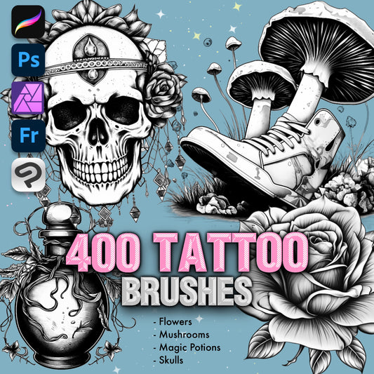 400 Realistic Tattoo Brushes for Procreate & Photoshop – Skull, Flower, Mushroom, Potion