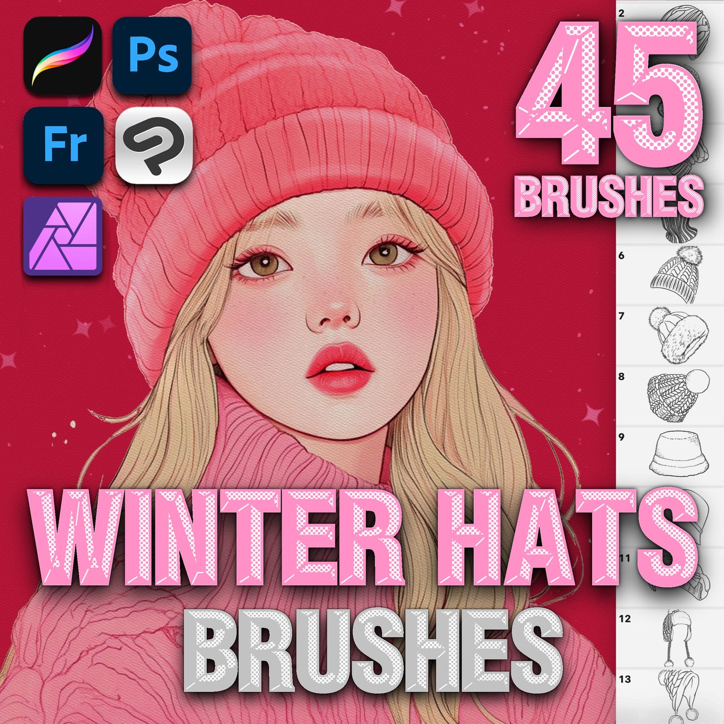 Procreate & Photoshop용 모자 & 패션 브러시 45개 - 여성 머리 장식 세트