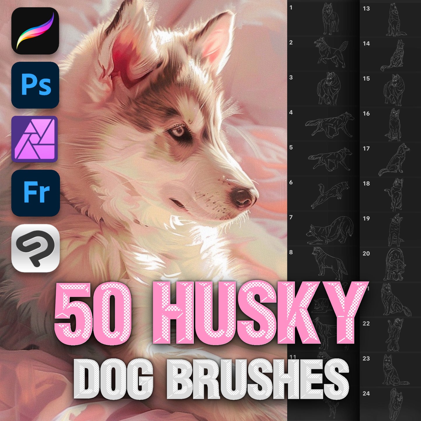 50 Dog & Husky Brushes for Procreate & Photoshop – Animal Portrait Set