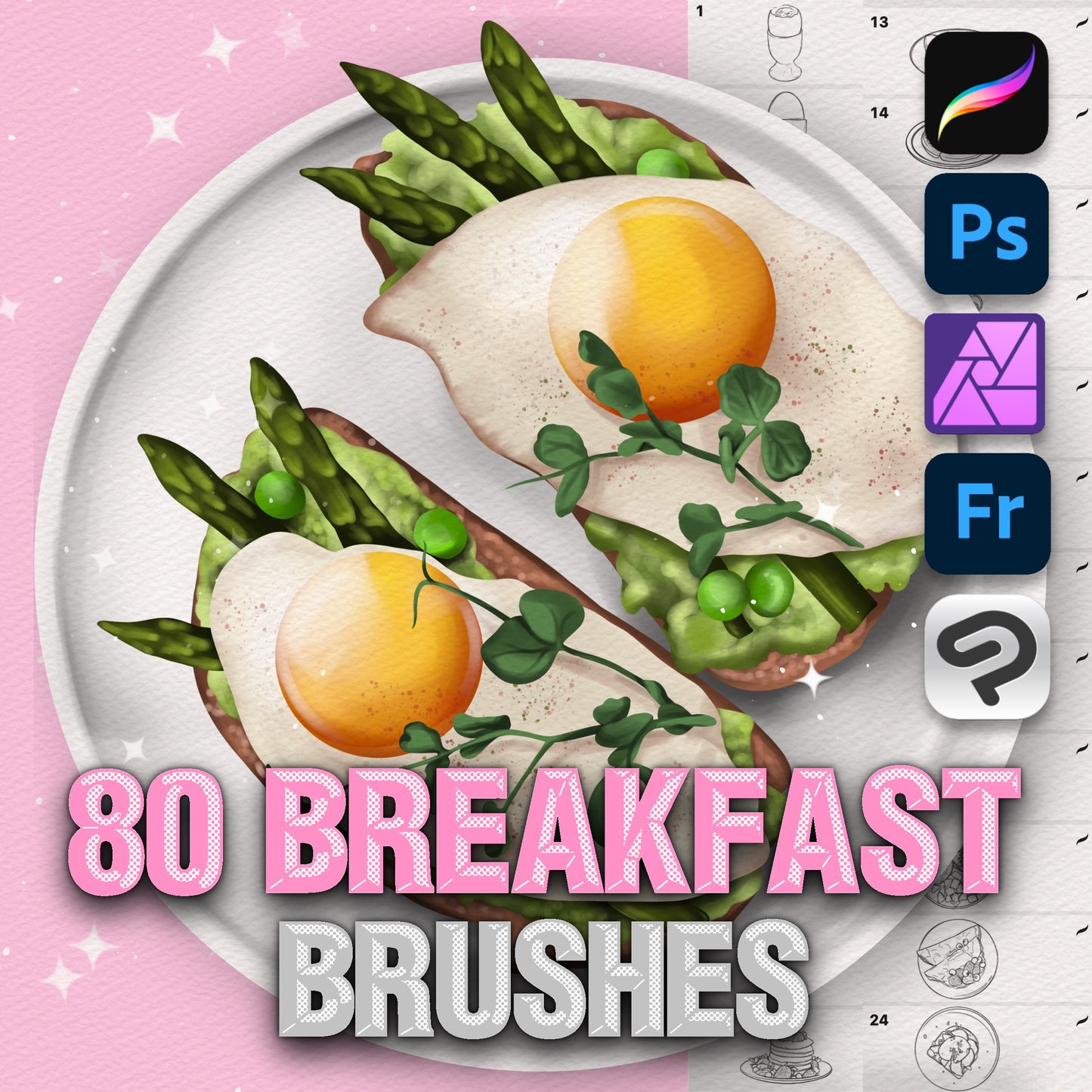 80 Food & Picnic Brushes for Procreate & Photoshop – Breakfast & Veggie Set