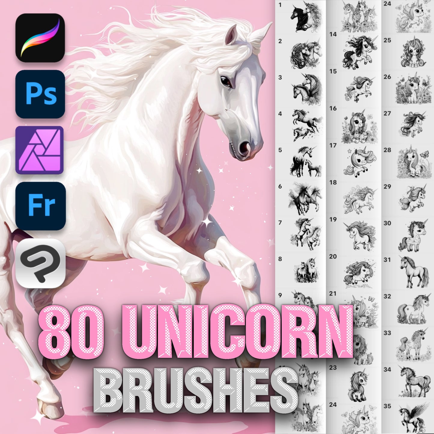 80 Kawaii Unicorn Brushes for Procreate & Photoshop – Baby Horse Magic Set