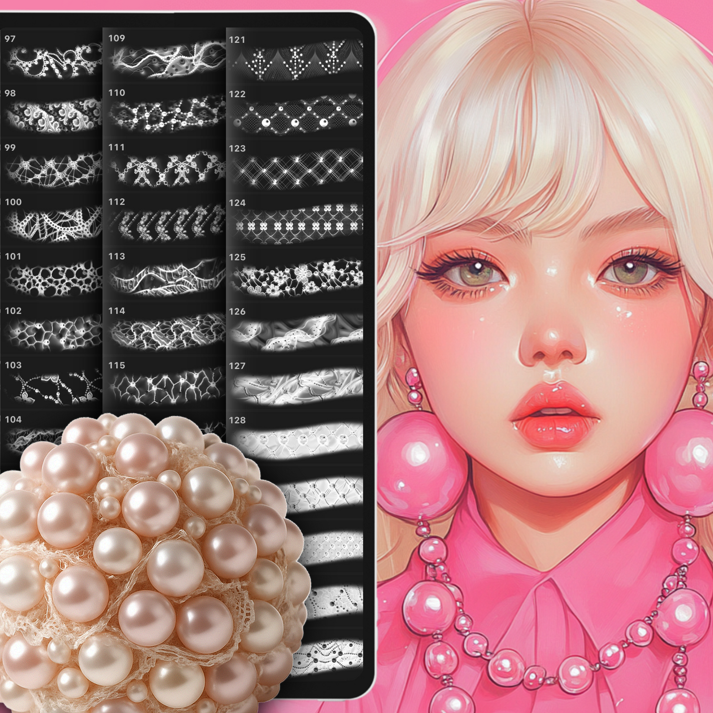 비즈 질감 및 패션 브러시 – Procreate, Photoshop 및 Clip Studio 페인트 및 패브릭 세트
