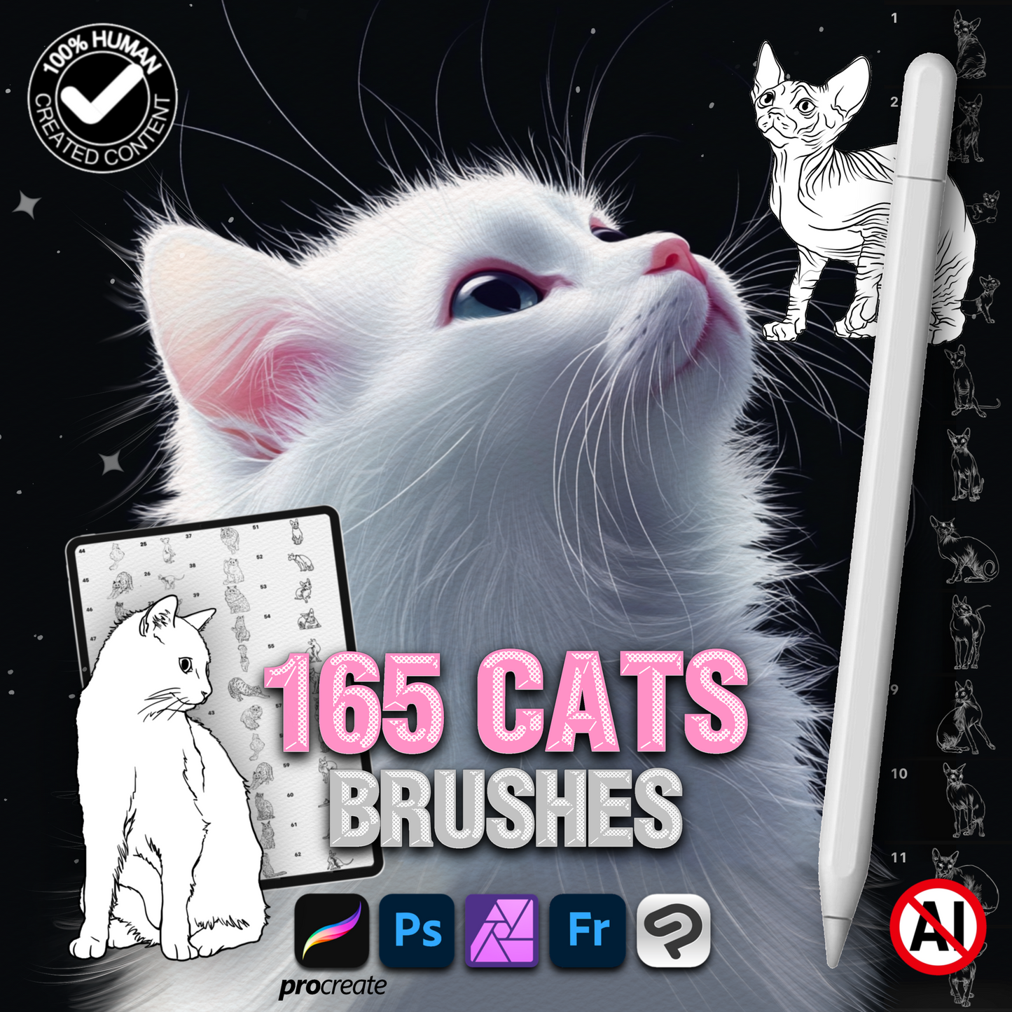 Cat Brushes for Procreate – Fluffy, Sphynx, and Cute Animal Stamps for Photoshop & Clip Studio