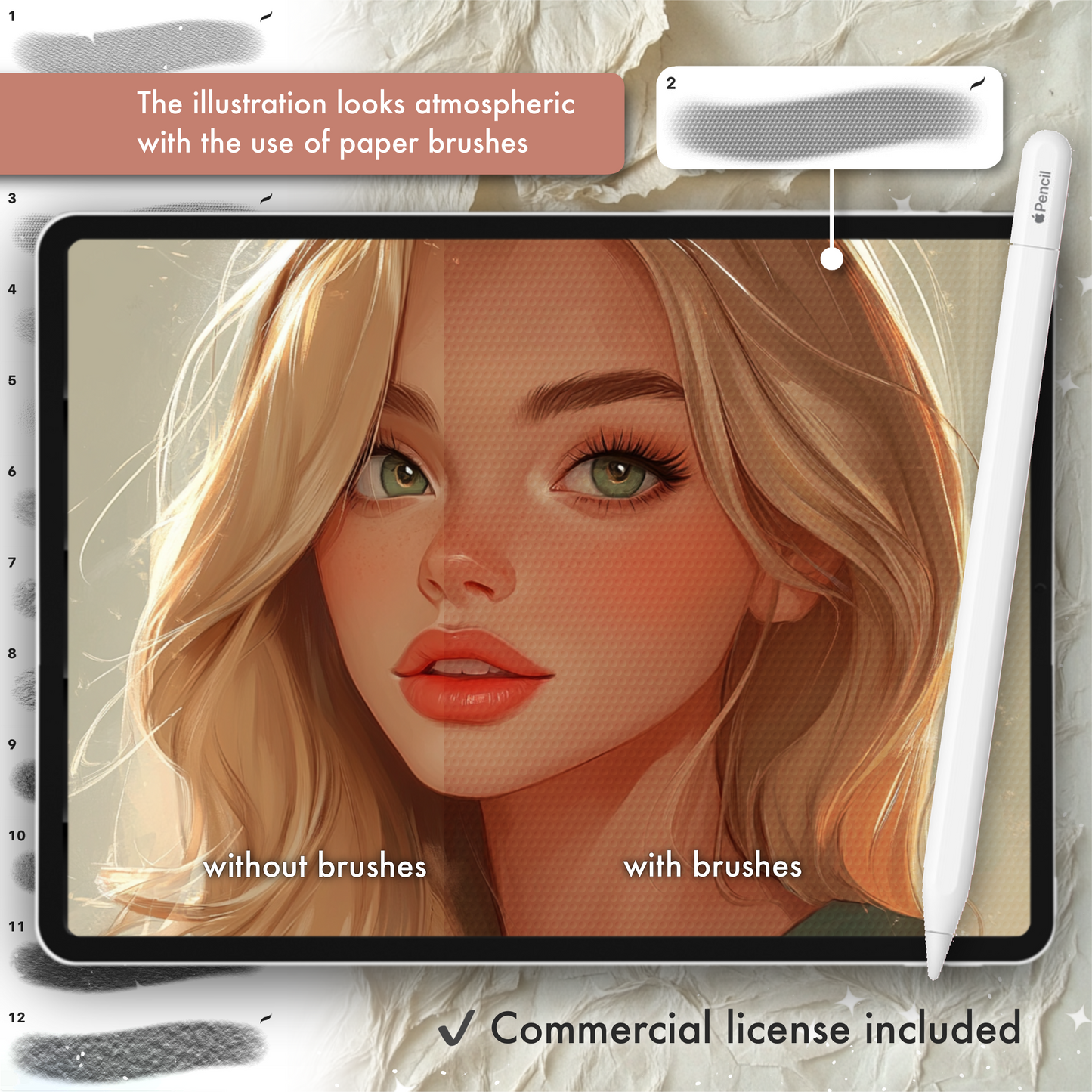 Procreate & Photoshop 종이 질감 브러시. 사실적인 스토리북 수채화 스케치북