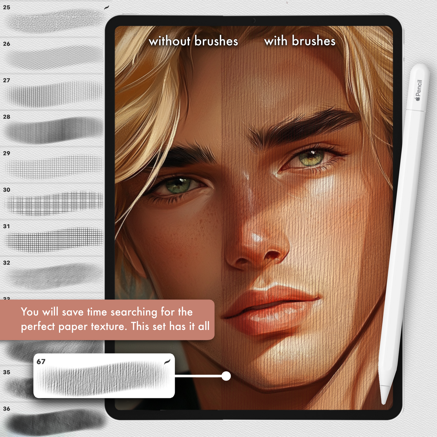 Procreate & Photoshop 종이 질감 브러시. 사실적인 스토리북 수채화 스케치북