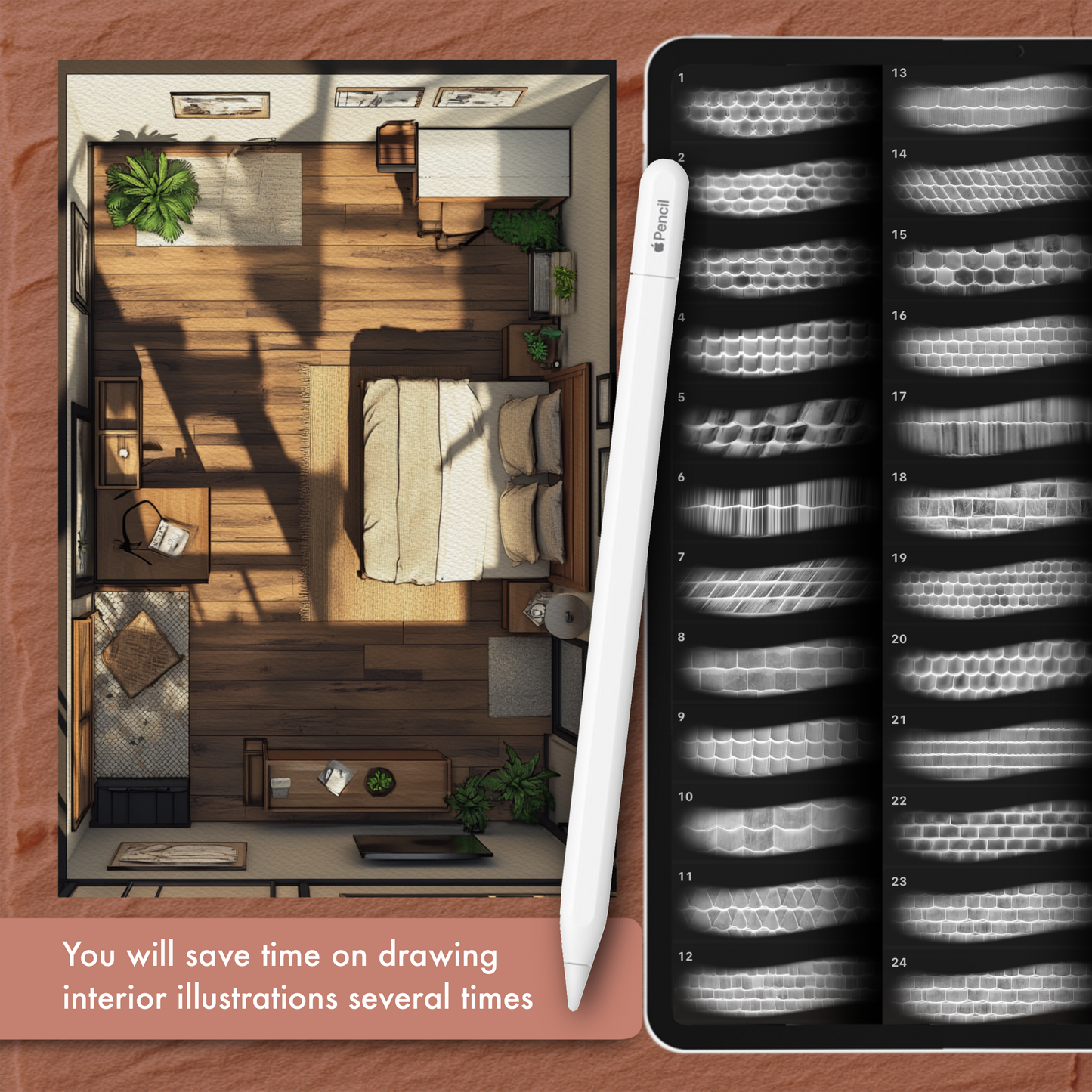 Procreate Interior Texture Brushes – Photoshop Architecture, Wood, Stone & Tile Brush Set