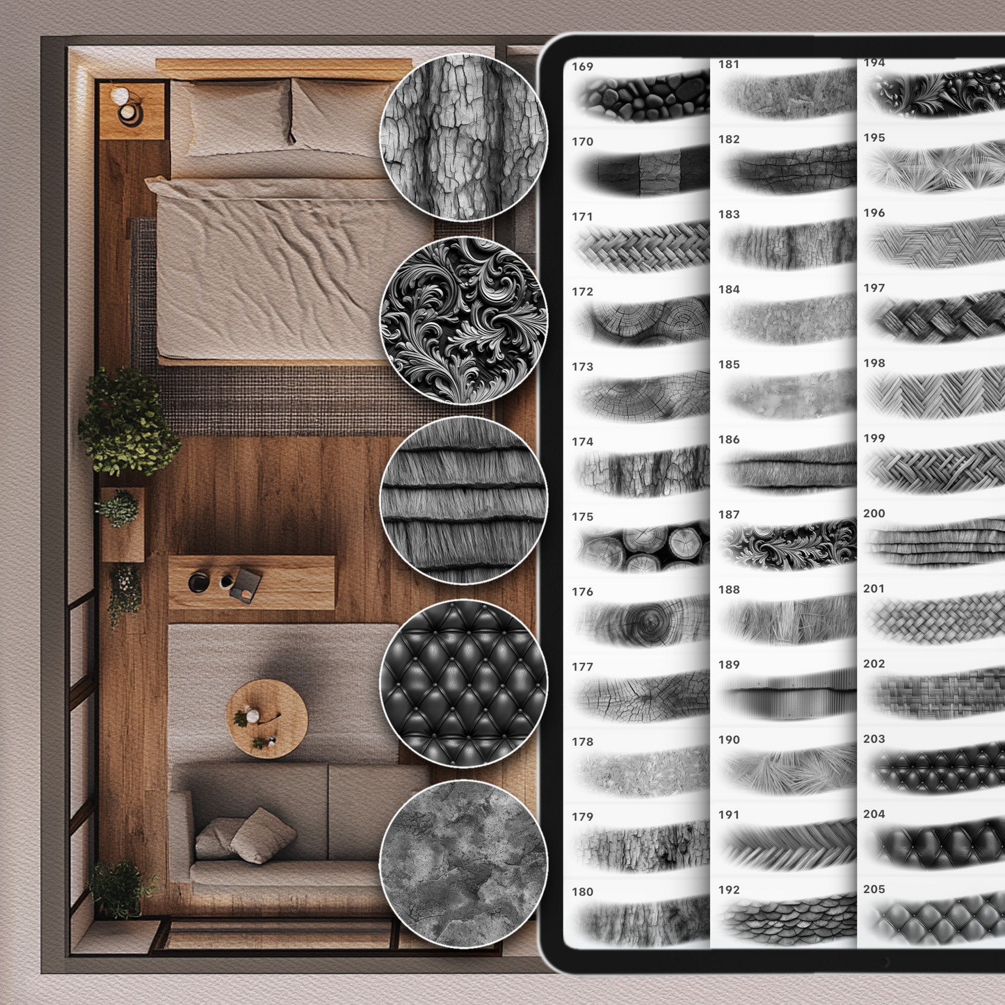 Procreate 인테리어 텍스처 브러시 – 포토샵 건축, 목재, 석재 및 타일 브러시 세트