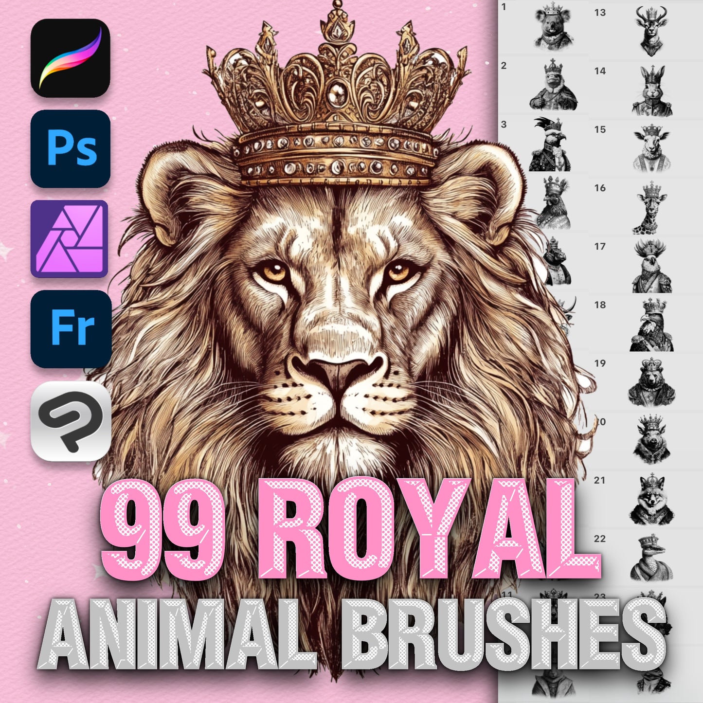 Procreate 및 Photoshop용 99가지 동물 문신 브러시 - 레오파드, 베어 및 남성 스타일