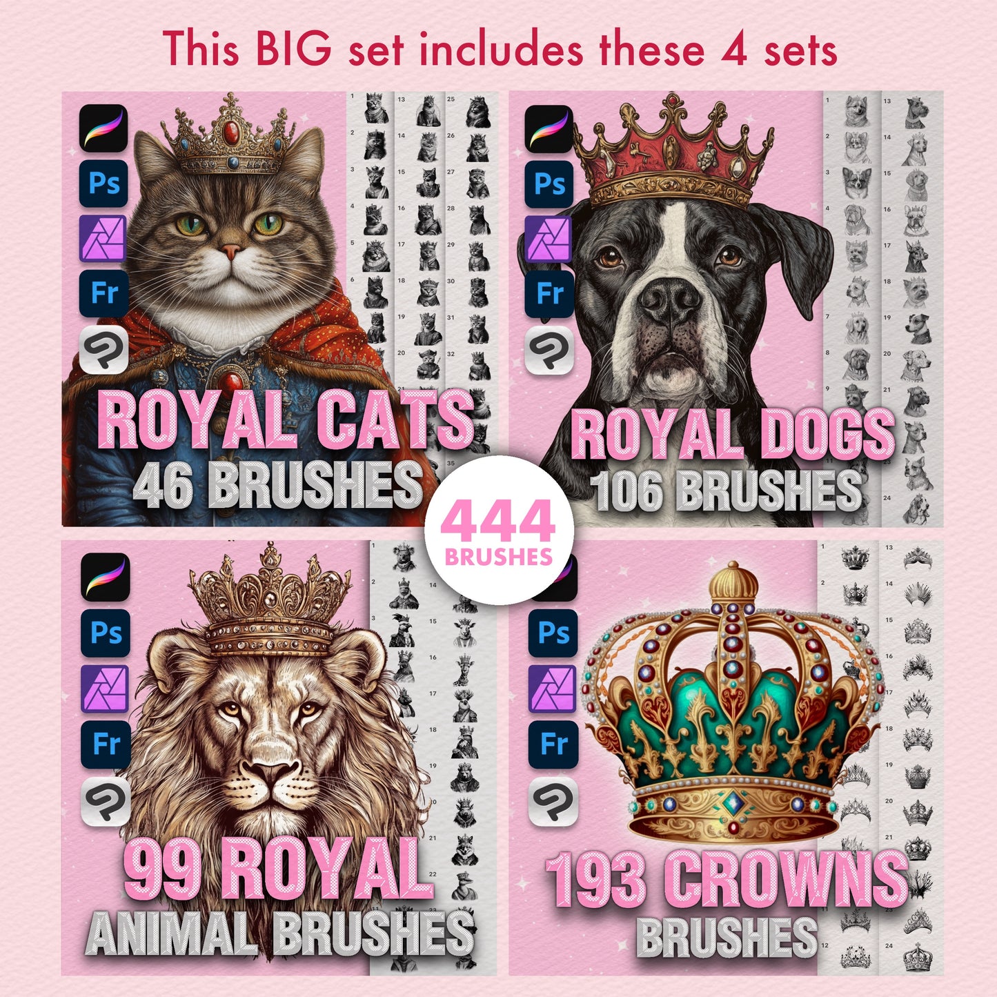 444 Animal Tattoo Brushes for Procreate & Photoshop – Crowned Beasts & Male Ink Set