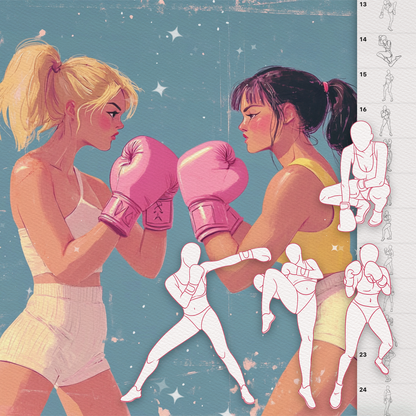 Procreate 및 Photoshop용 여성 스포츠 포즈 브러시 260개 - 폴 댄스, 요가 등