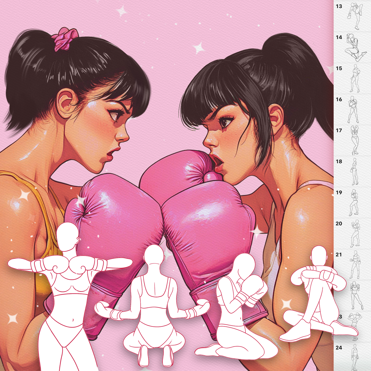 Procreate 및 Photoshop용 여성 스포츠 포즈 브러시 260개 - 폴 댄스, 요가 등