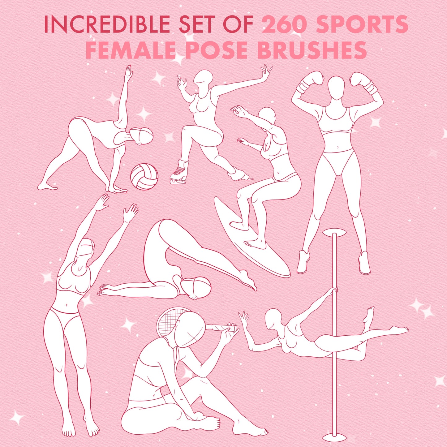 Procreate 및 Photoshop용 여성 스포츠 포즈 브러시 260개 - 폴 댄스, 요가 등
