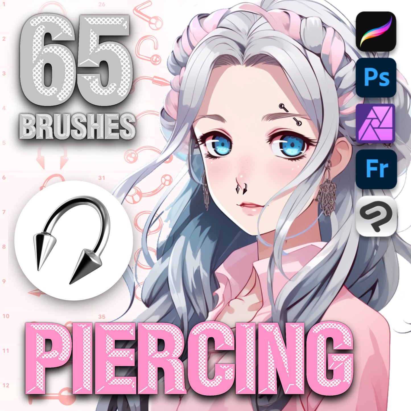 Female Portrait Brushes with Piercing & Jewelry – Procreate Makeup Set