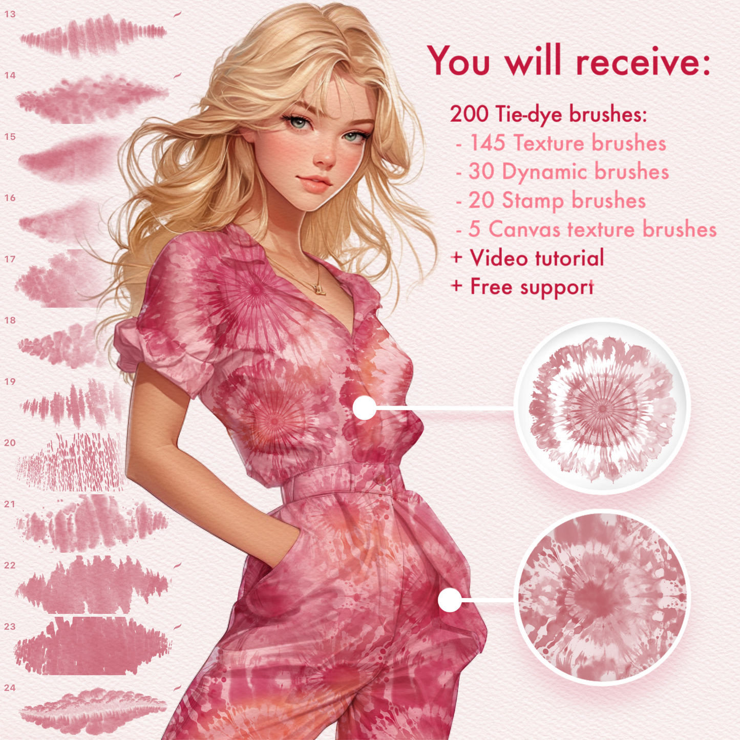 Tie-Dye Brush Pack details: breakdown of 145 texture brushes, 30 dynamic brushes, 20 stamp brushes and 5 canvas texture brushes REVABRUSH