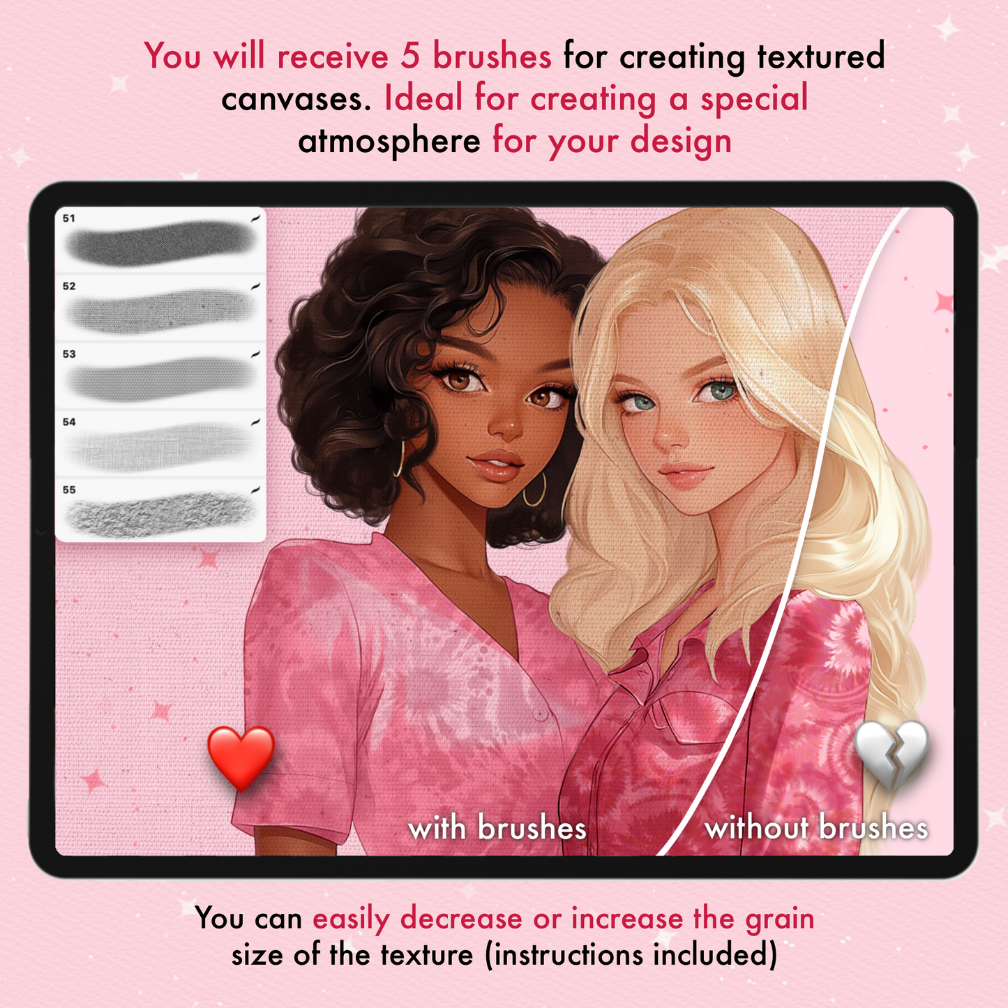 REVABRUSH Preview of 5 textured canvas brushes applied to artwork showing with brushes vs without brushes for Procreate