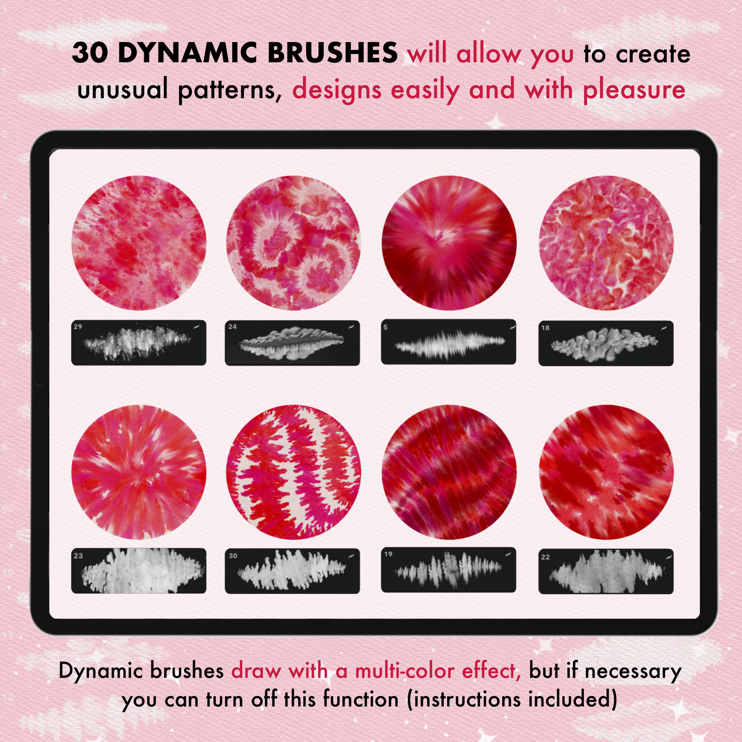 Examples of tie-dye brush application on hoodie illustrations with varied color schemes using Procreate brushes