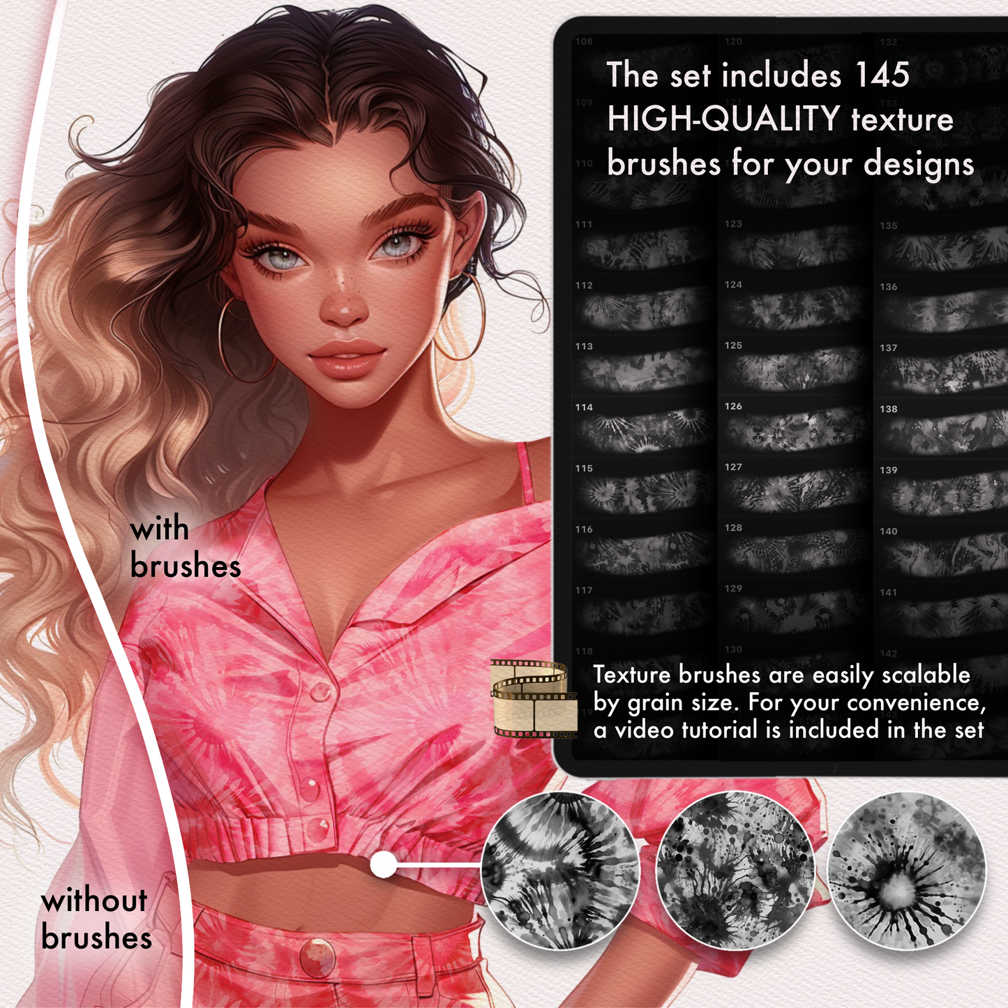 REVABRUSH-Grid preview of 145 high-quality Procreate tie-dye texture brushes for realistic fabric effects