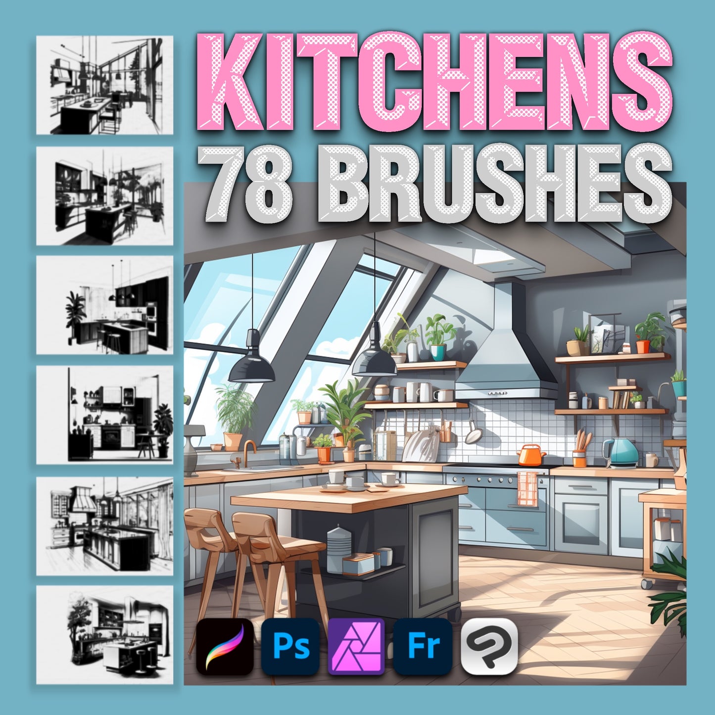 Procreate 및 Photoshop용 78개 인테리어 및 가구 브러시 - 객실 및 주방 세트
