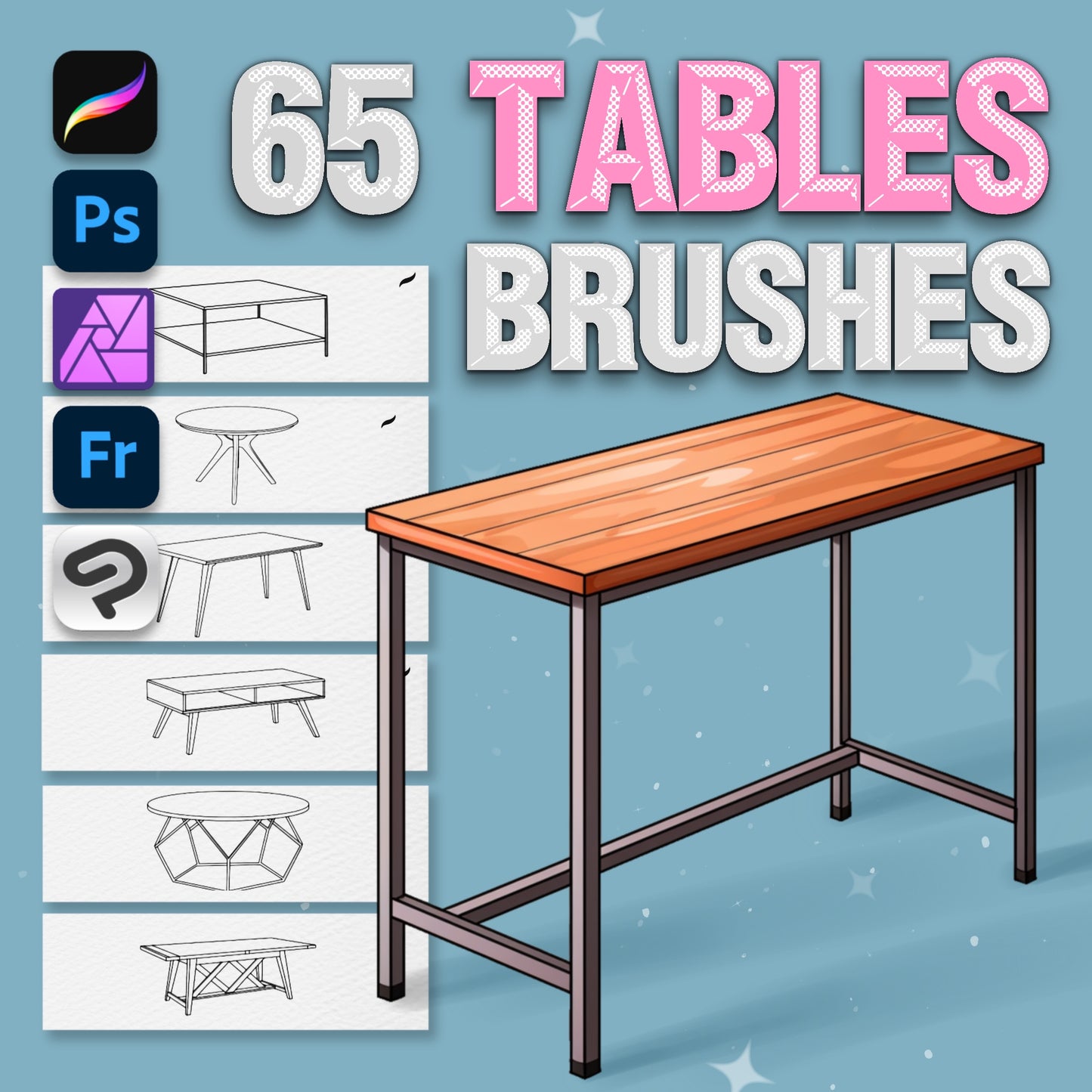 65 Interior & Table Brushes for Procreate & Photoshop – Furniture & Decor Set