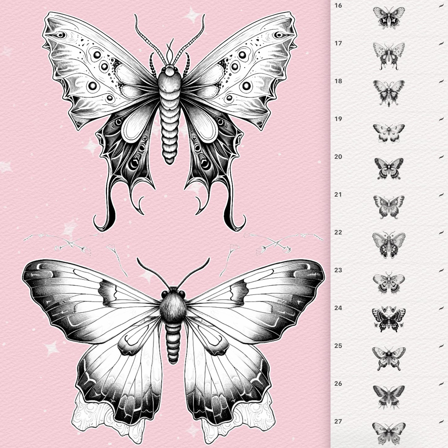 Procreate Butterfly Brushes – Tattoo Animal Brushes for Photoshop | Clip Studio & Affinity Moth Brush Set