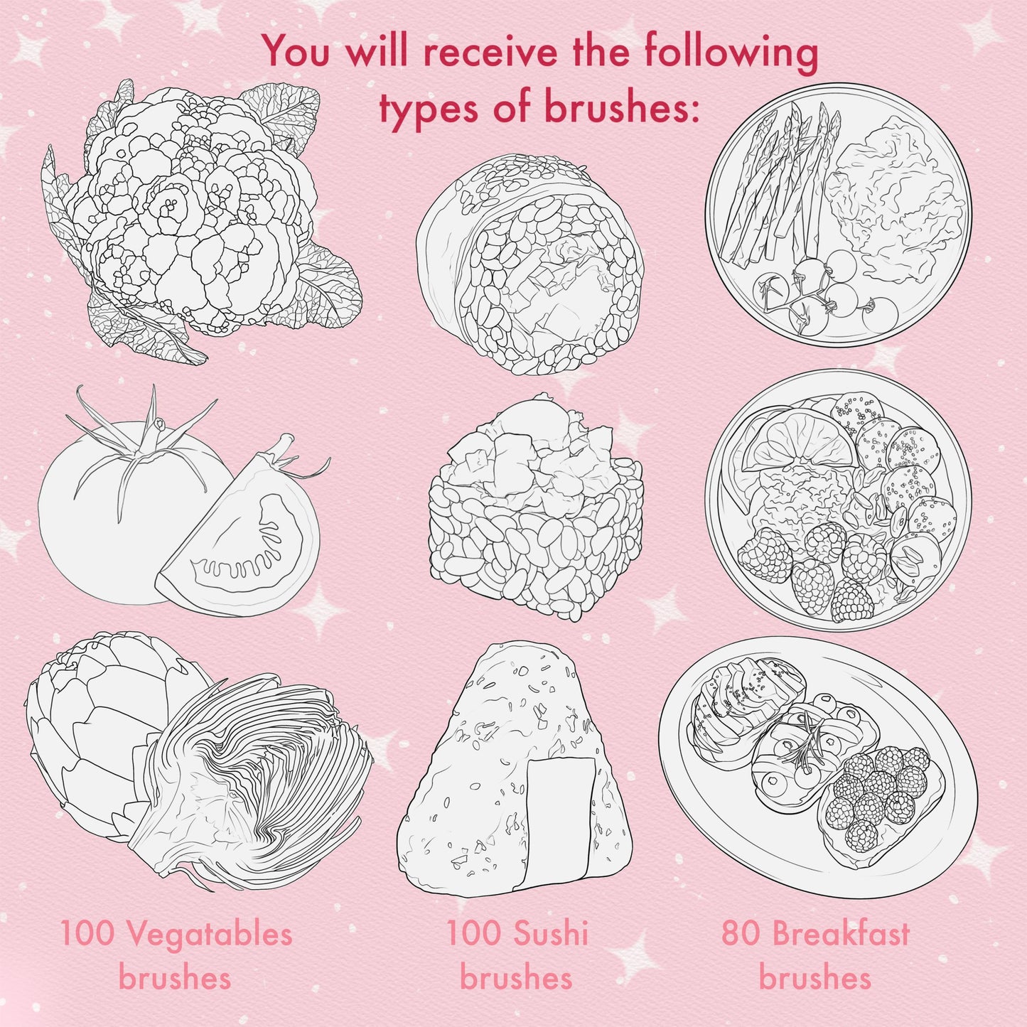 Photoshop Food brushes. Photoshop picnic brushes. Photoshop Sushi, Breakfast, Vegetable brushes. Clip Studio Food brushes. Clip Studio Sushi