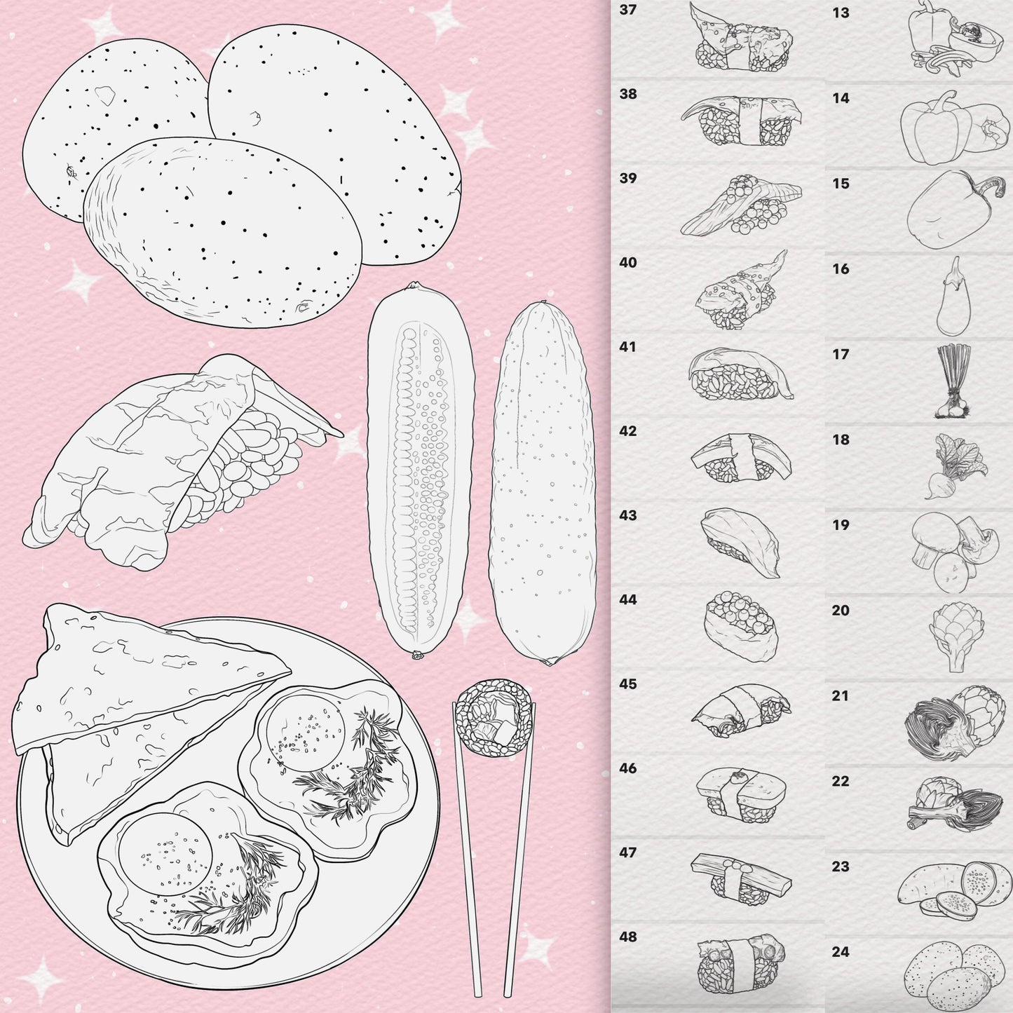 Photoshop Food brushes. Photoshop picnic brushes. Photoshop Sushi, Breakfast, Vegetable brushes. Clip Studio Food brushes. Clip Studio Sushi