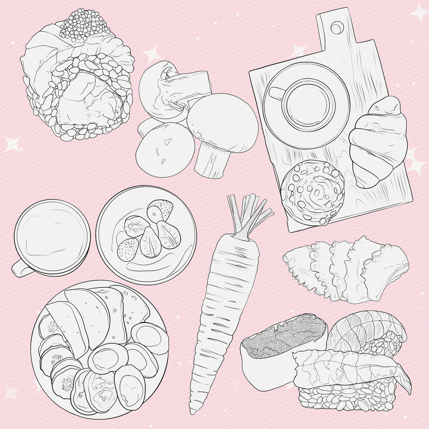 Photoshop Food brushes. Photoshop picnic brushes. Photoshop Sushi, Breakfast, Vegetable brushes. Clip Studio Food brushes. Clip Studio Sushi