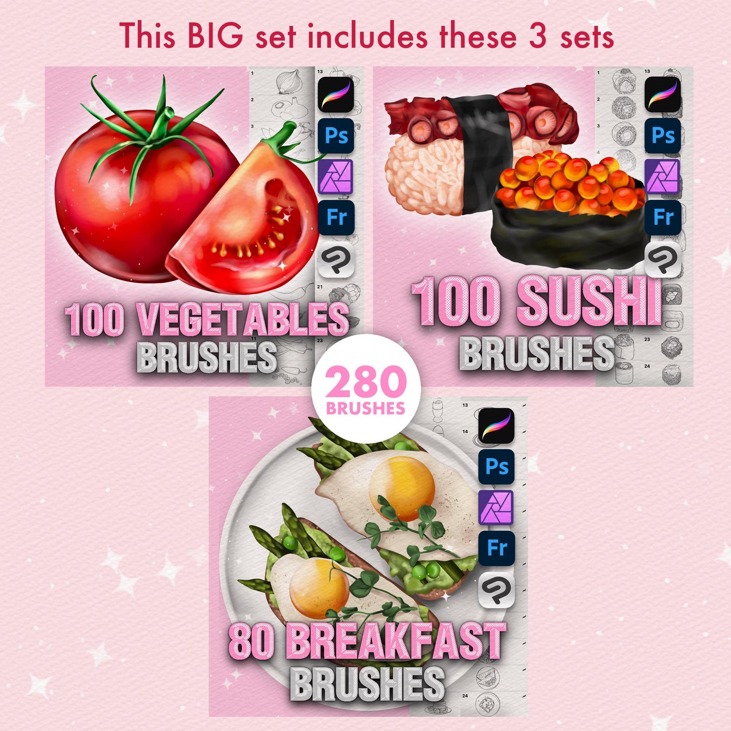 Photoshop Food brushes. Photoshop picnic brushes. Photoshop Sushi, Breakfast, Vegetable brushes. Clip Studio Food brushes. Clip Studio Sushi