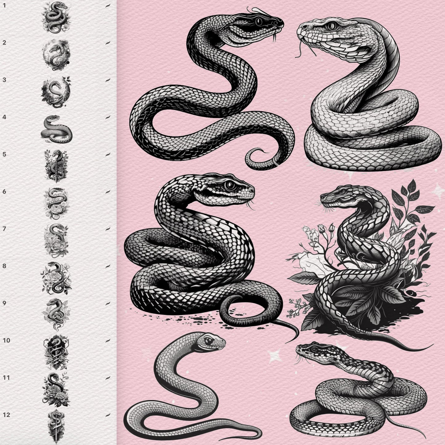 100 Tattoo & Snake Brushes for Procreate & Photoshop – Realistic Animal Set