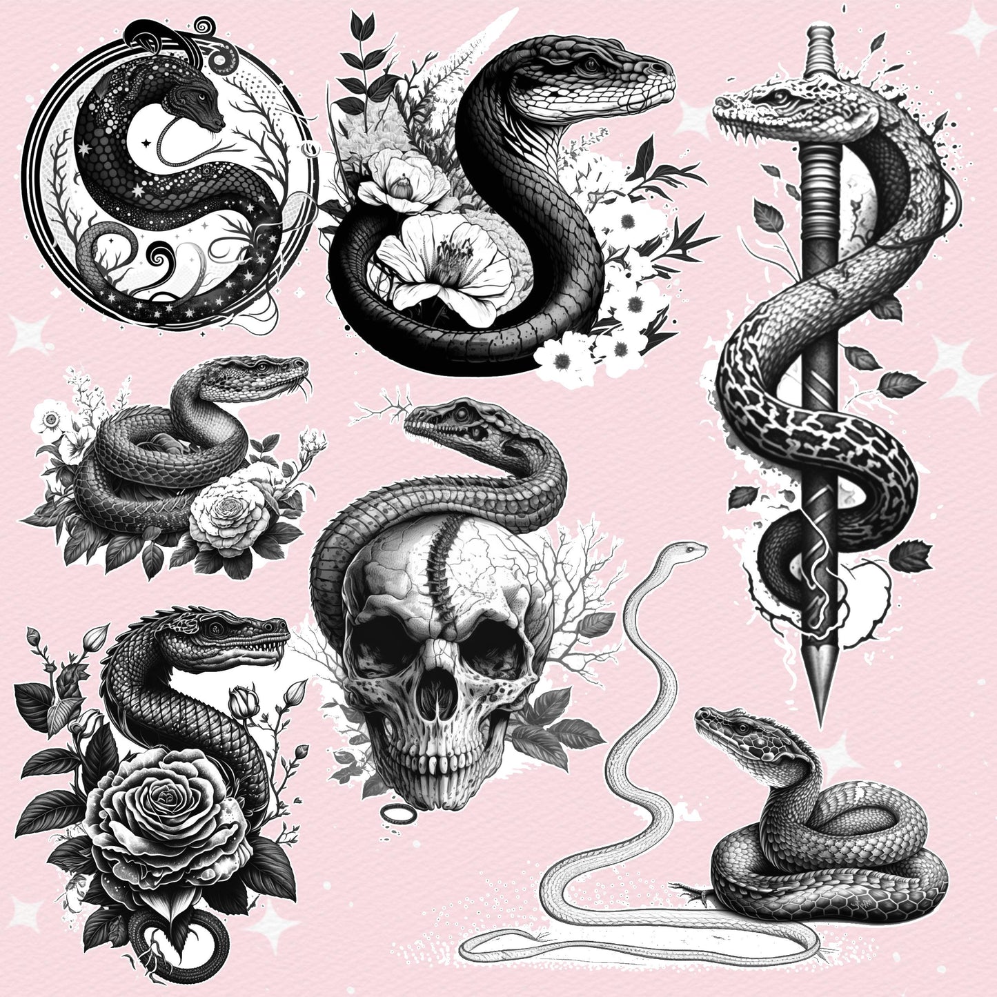 100 Tattoo & Snake Brushes for Procreate & Photoshop – Realistic Animal Set