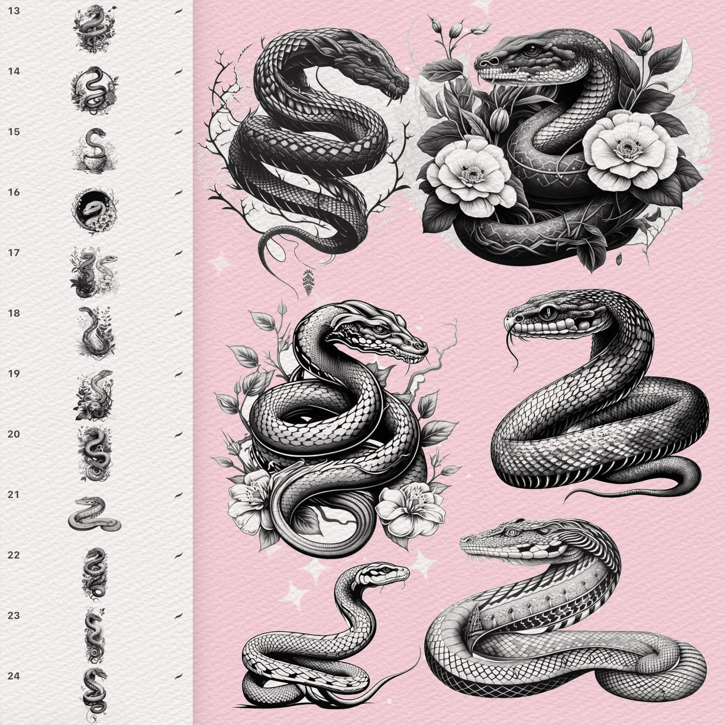 100 Tattoo & Snake Brushes for Procreate & Photoshop – Realistic Animal Set