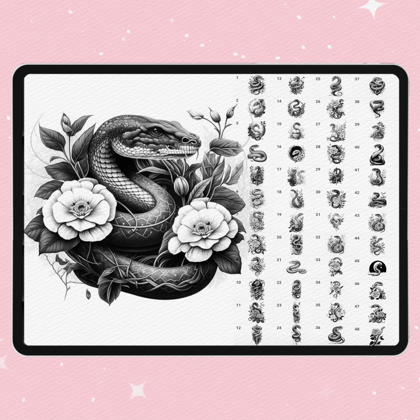 100 Tattoo & Snake Brushes for Procreate & Photoshop – Realistic Animal Set