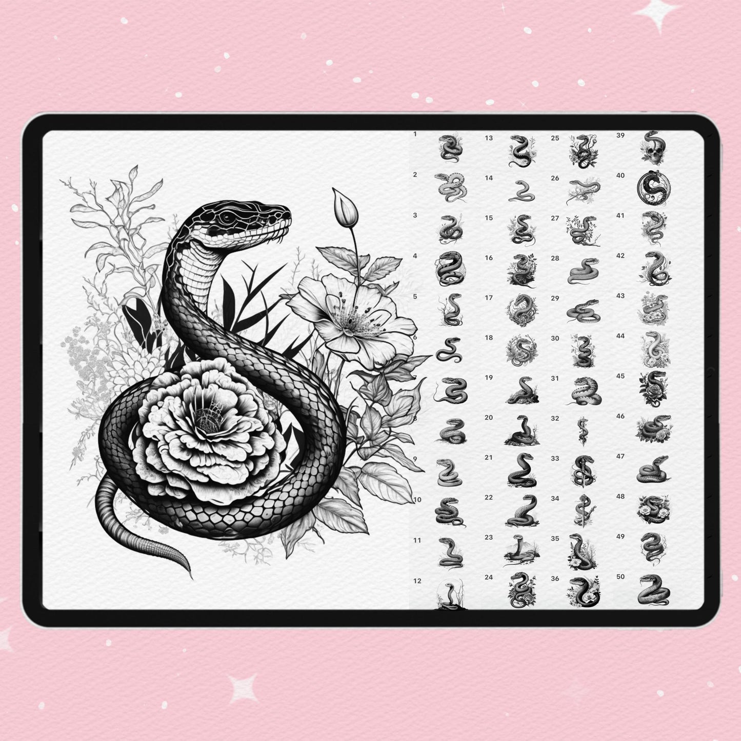 100 Tattoo & Snake Brushes for Procreate & Photoshop – Realistic Animal Set