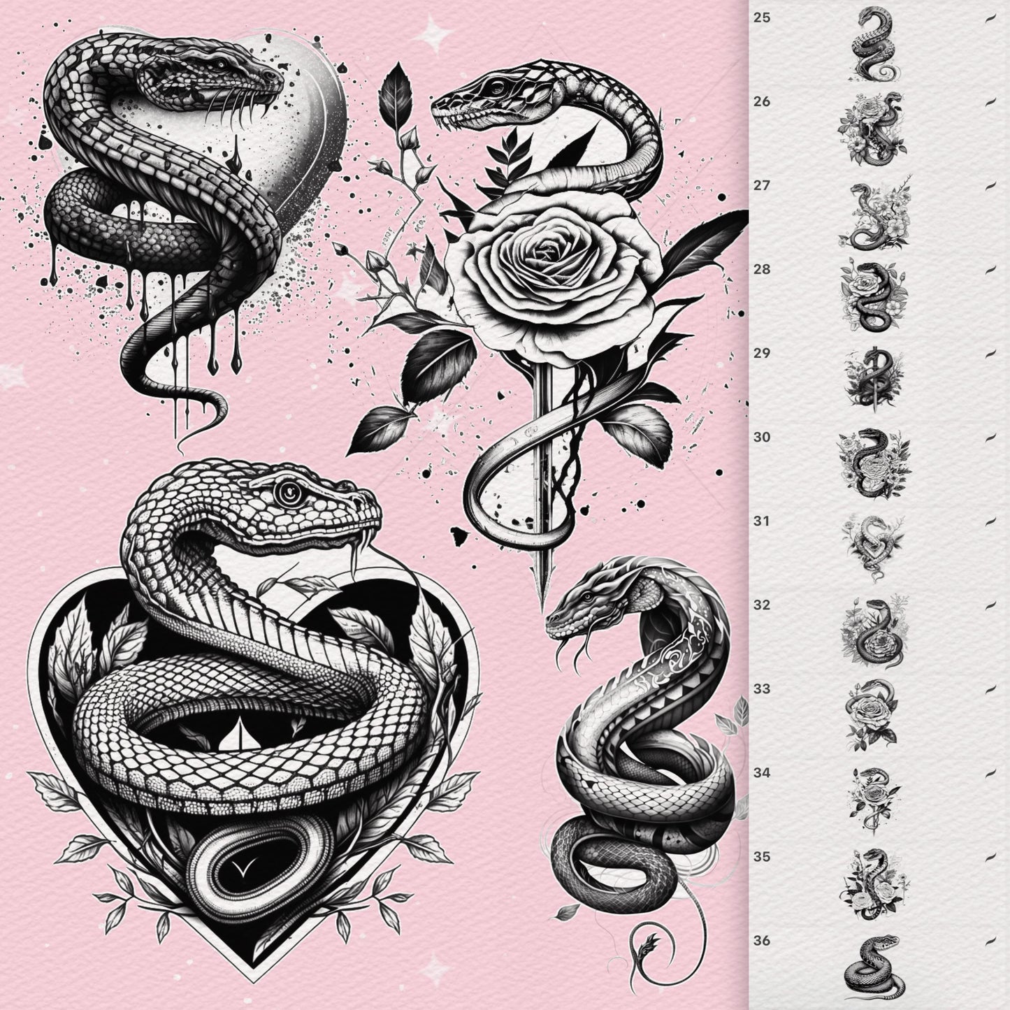 100 Tattoo & Snake Brushes for Procreate & Photoshop – Realistic Animal Set