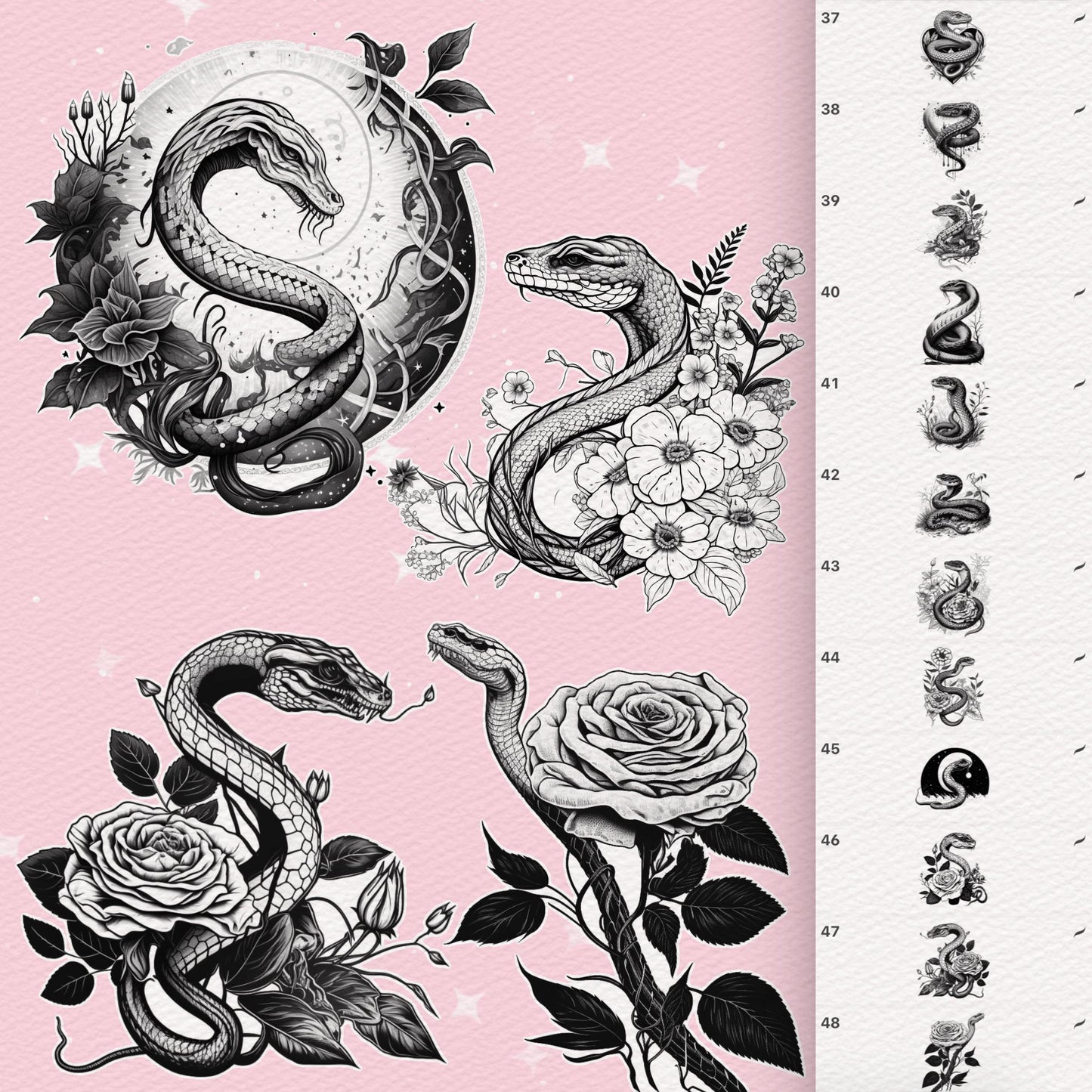 100 Tattoo & Snake Brushes for Procreate & Photoshop – Realistic Animal Set