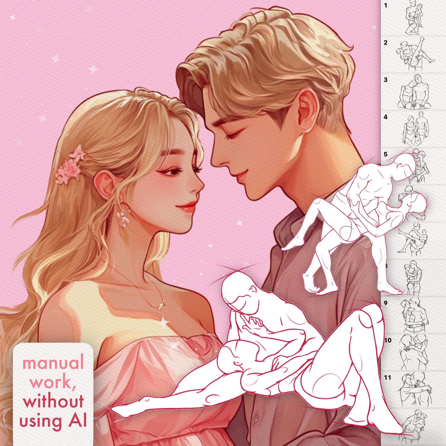 커플 포즈 브러시 – 발렌타인데이와 로맨틱한 예술을 위한 Procreate, Photoshop 및 Clip Studio 스탬프