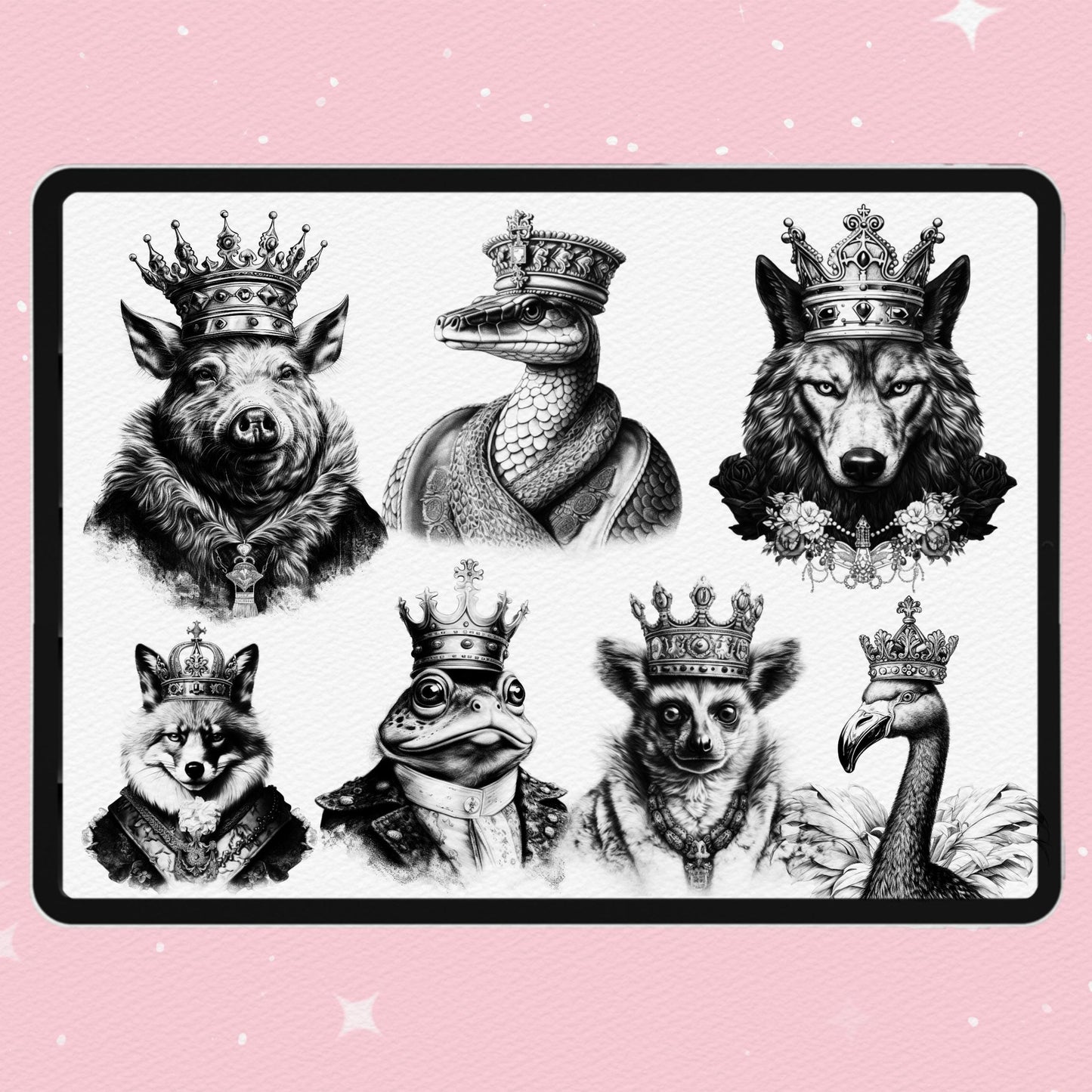 Procreate 및 Photoshop용 99가지 동물 문신 브러시 - 레오파드, 베어 및 남성 스타일