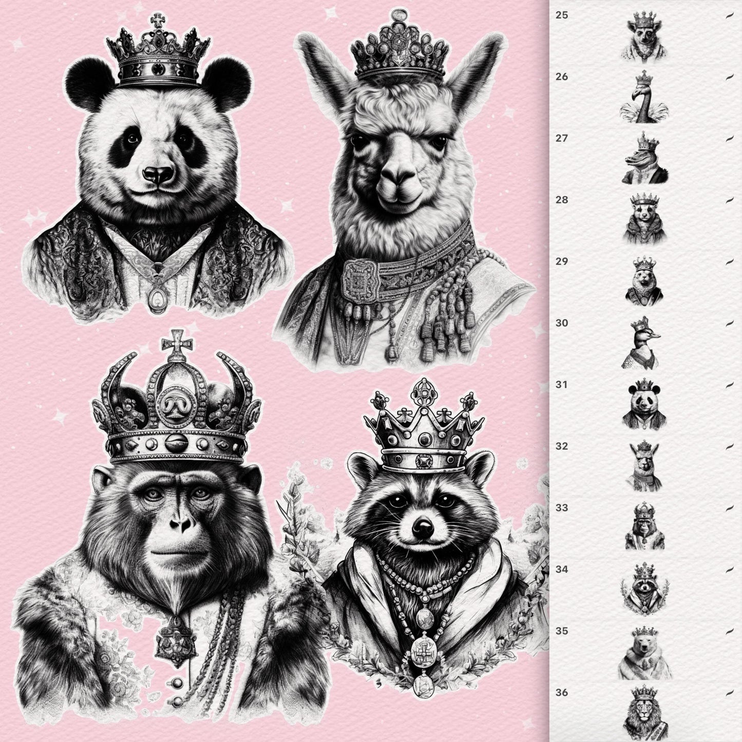 Procreate 및 Photoshop용 99가지 동물 문신 브러시 - 레오파드, 베어 및 남성 스타일