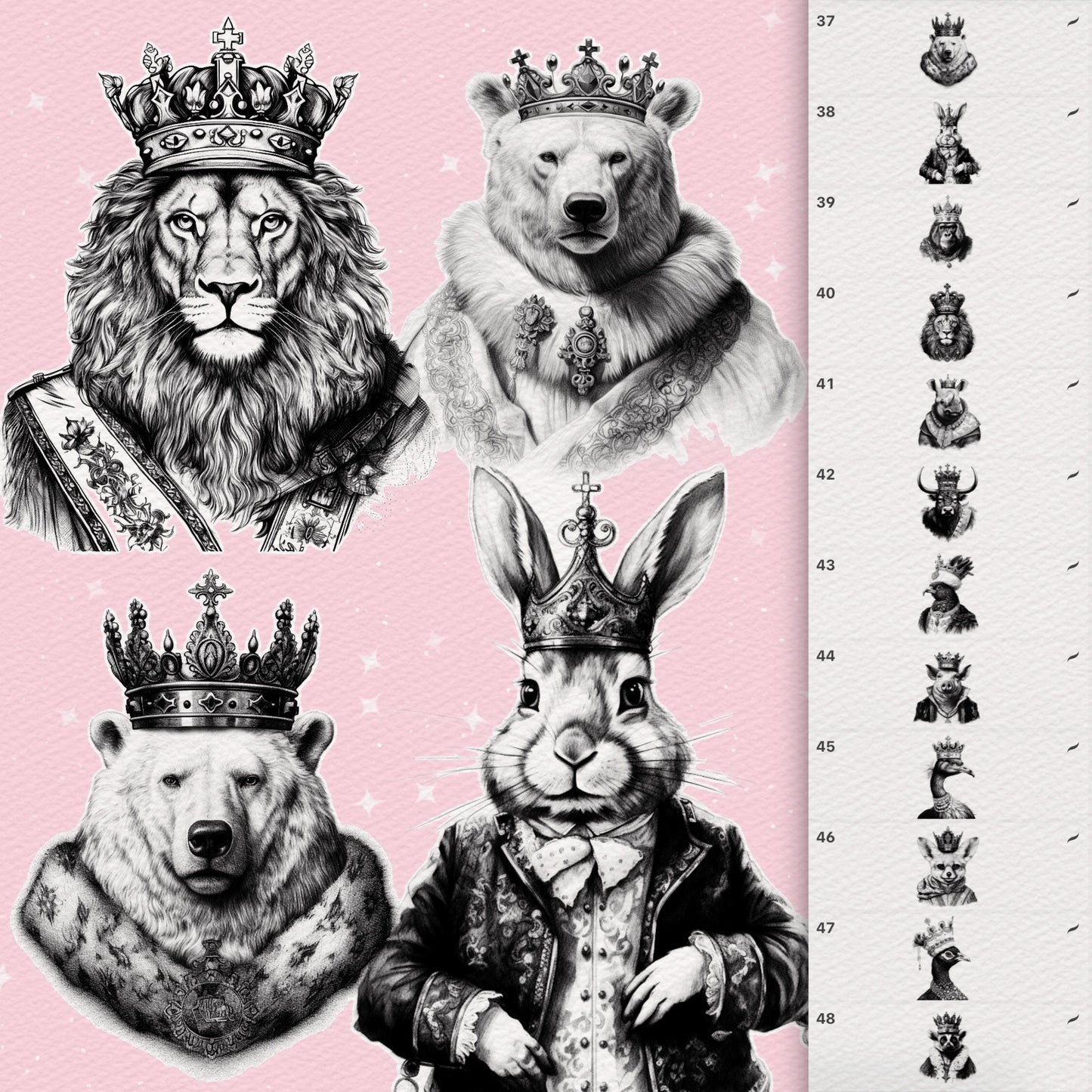 Procreate 및 Photoshop용 99가지 동물 문신 브러시 - 레오파드, 베어 및 남성 스타일