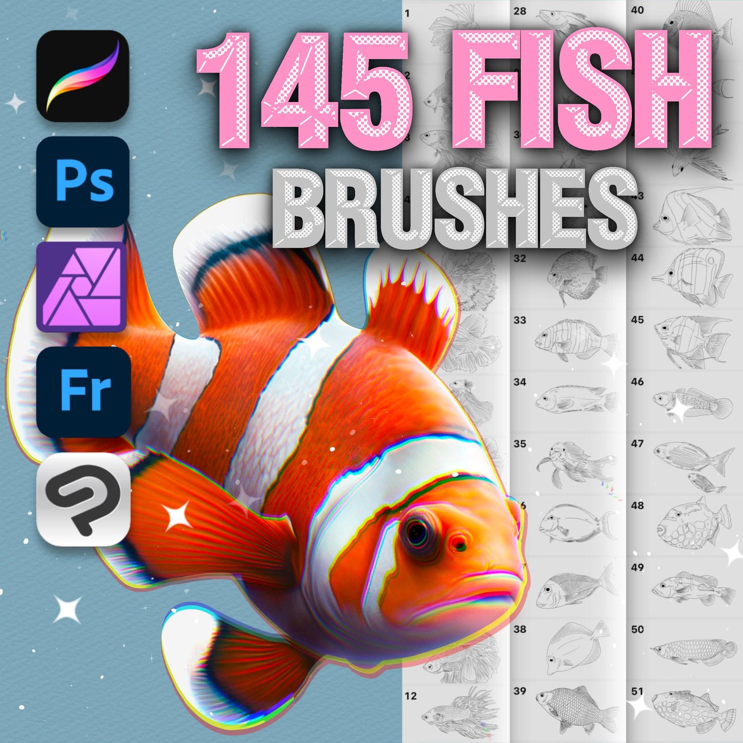 Procreate 및 Photoshop용 145개 물고기 및 바다 생물 브러시 - 잉어, 돌고래, 바다 세트